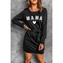 Black MAMA Heart Shaped Print Tie Waist Long Sleeve Mini Dress