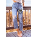 Sky Blue Easter Rabbit Leopard Print Distressed Ankle Jeans