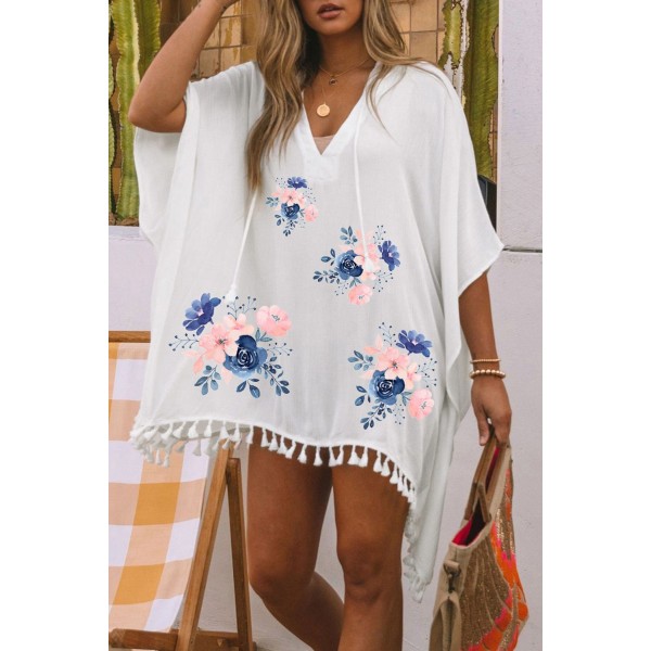 White Floral Print Fringe Trim Hooded Oversized Beach Cover Up