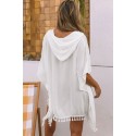 White Floral Print Fringe Trim Hooded Oversized Beach Cover Up